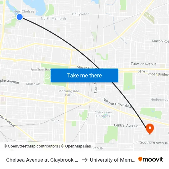 Chelsea Avenue at Claybrook Street to University of Memphis map