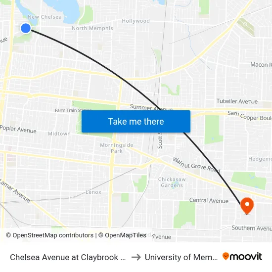 Chelsea Avenue at Claybrook Street to University of Memphis map