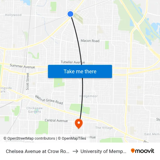 Chelsea Avenue at Crow Road to University of Memphis map