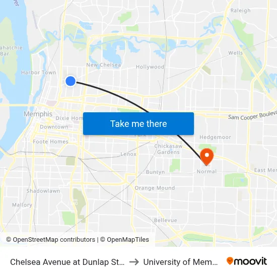 Chelsea Avenue at Dunlap Street to University of Memphis map
