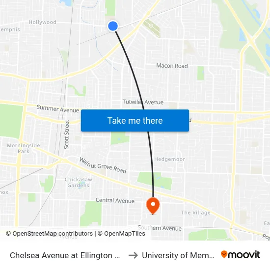 Chelsea Avenue at Ellington Street to University of Memphis map