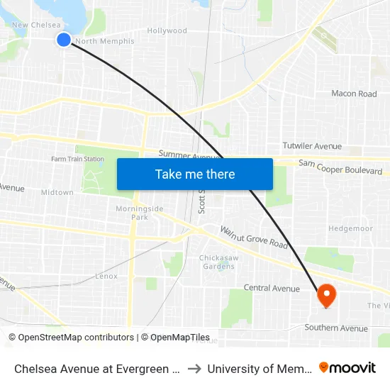 Chelsea Avenue at Evergreen Street to University of Memphis map