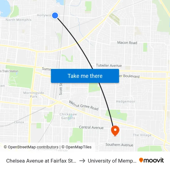 Chelsea Avenue at Fairfax Street to University of Memphis map