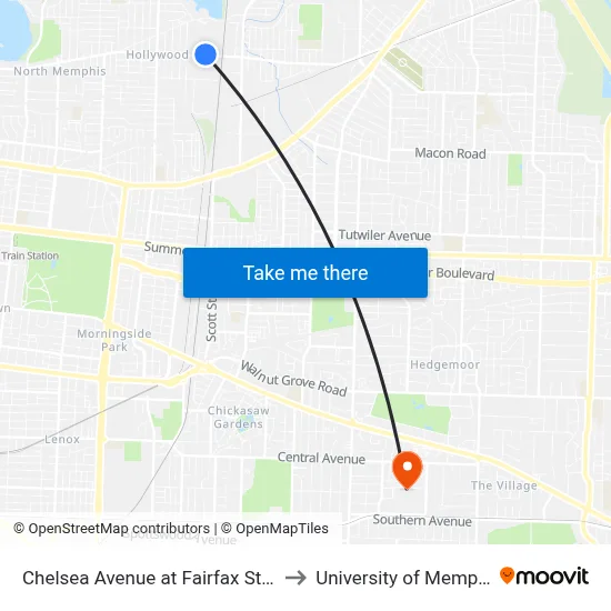 Chelsea Avenue at Fairfax Street to University of Memphis map