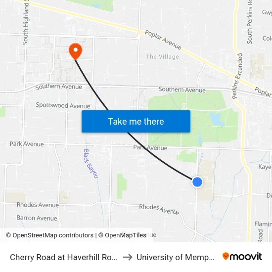 Cherry Road at Haverhill Road to University of Memphis map