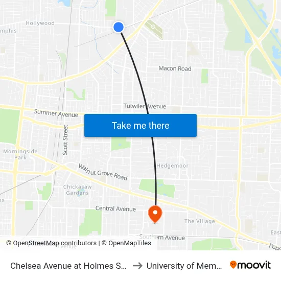 Chelsea Avenue at Holmes Street to University of Memphis map