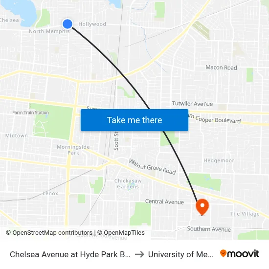 Chelsea Avenue at Hyde Park Boulevard to University of Memphis map
