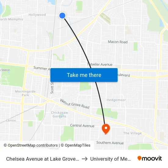 Chelsea Avenue at Lake Grove Street to University of Memphis map