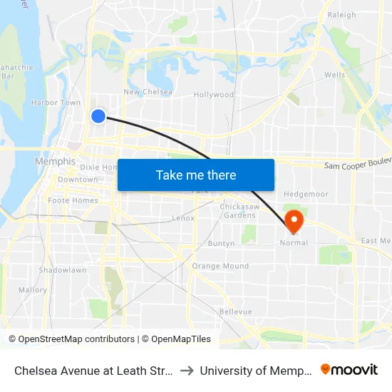 Chelsea Avenue at Leath Street to University of Memphis map
