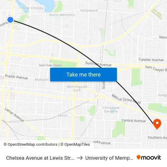 Chelsea Avenue at Lewis Street to University of Memphis map