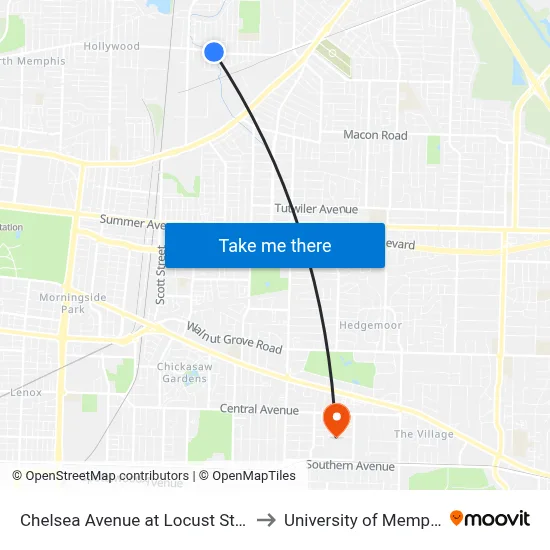Chelsea Avenue at Locust Street to University of Memphis map