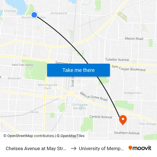 Chelsea Avenue at May Street to University of Memphis map