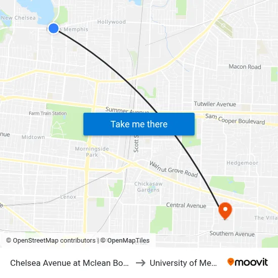 Chelsea Avenue at Mclean Boulevard to University of Memphis map