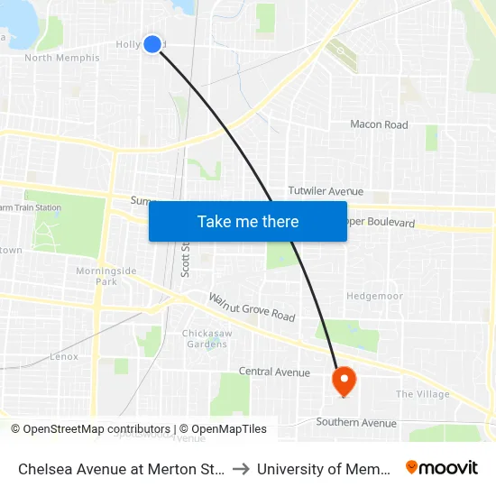 Chelsea Avenue at Merton Street to University of Memphis map