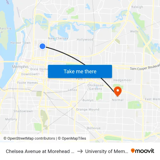 Chelsea Avenue at Morehead Street to University of Memphis map