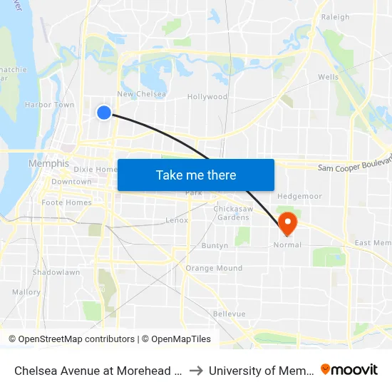 Chelsea Avenue at Morehead Street to University of Memphis map
