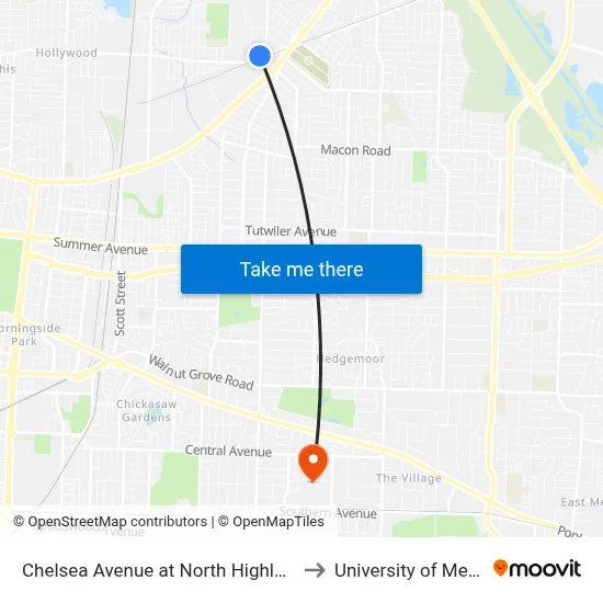 Chelsea Avenue at North Highland Street to University of Memphis map