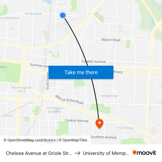 Chelsea Avenue at Oriole Street to University of Memphis map
