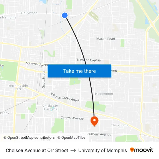 Chelsea Avenue at Orr Street to University of Memphis map