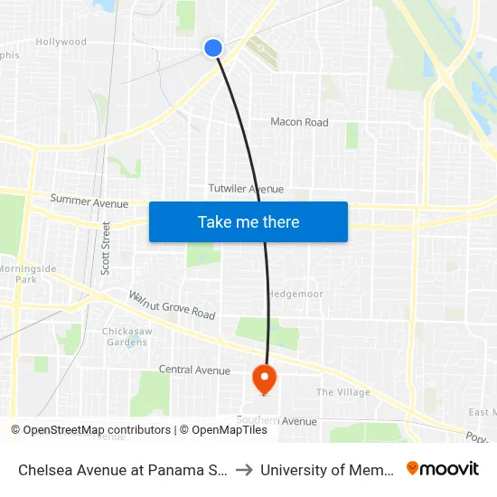 Chelsea Avenue at Panama Street to University of Memphis map