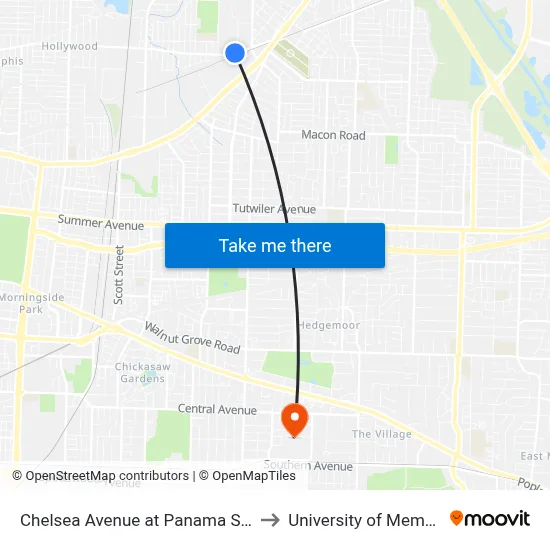 Chelsea Avenue at Panama Street to University of Memphis map