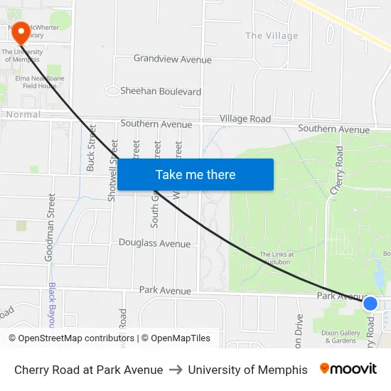 Cherry Road at Park Avenue to University of Memphis map