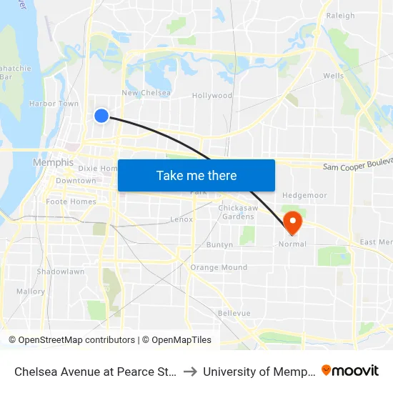 Chelsea Avenue at Pearce Street to University of Memphis map