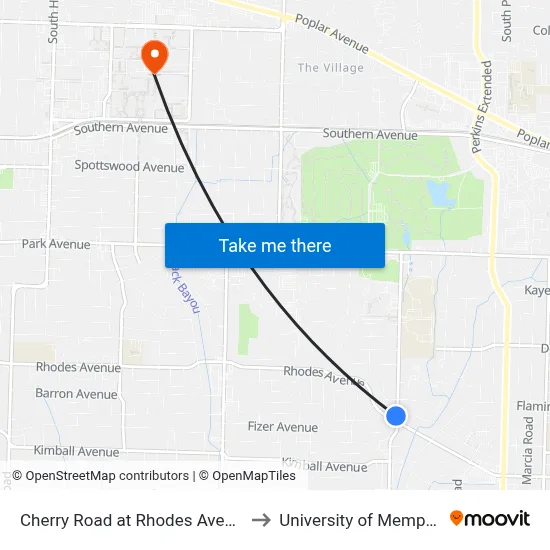 Cherry Road at Rhodes Avenue to University of Memphis map