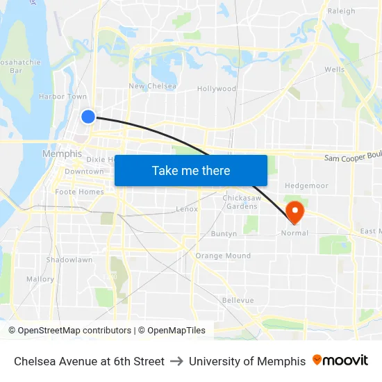 Chelsea Avenue at 6th Street to University of Memphis map