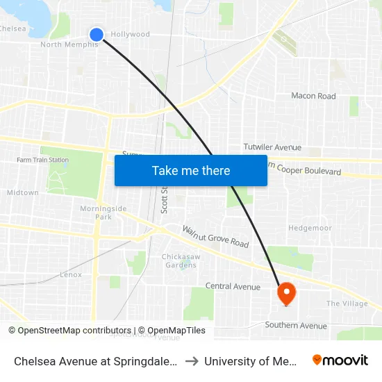 Chelsea Avenue at Springdale Street to University of Memphis map