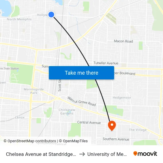 Chelsea Avenue at Standridge Street to University of Memphis map