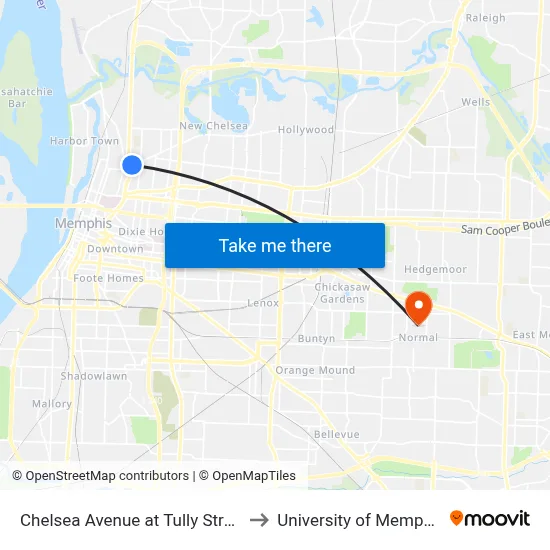 Chelsea Avenue at Tully Street to University of Memphis map