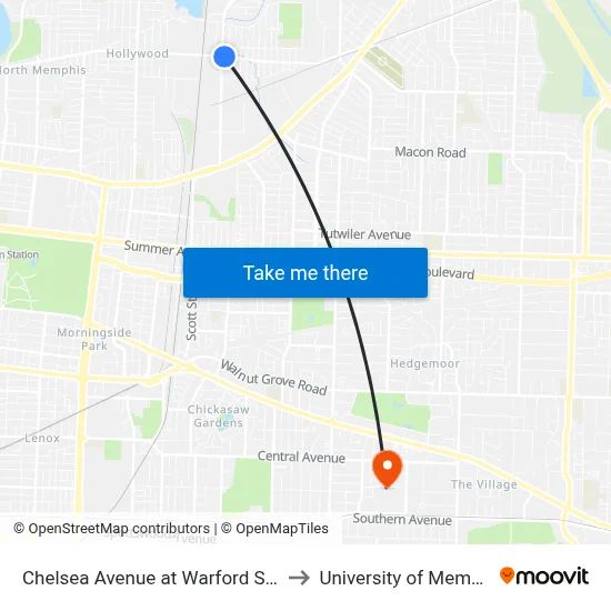 Chelsea Avenue at Warford Street to University of Memphis map