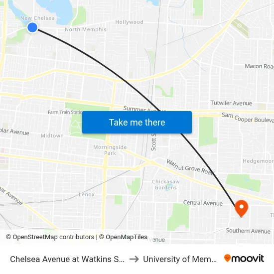Chelsea Avenue at Watkins Street to University of Memphis map