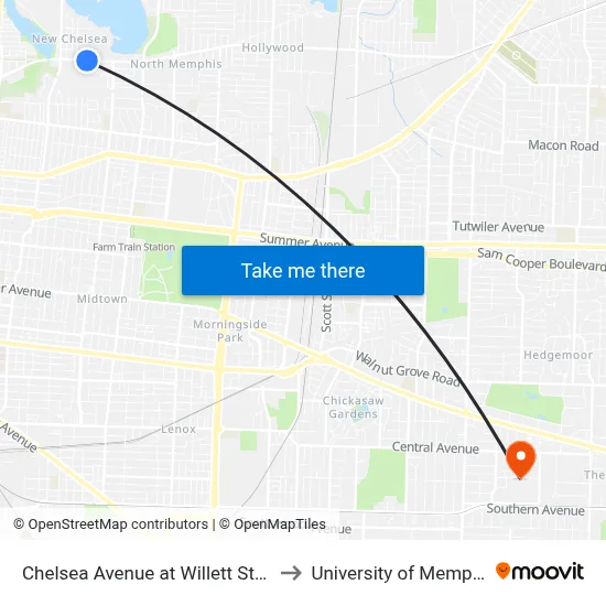 Chelsea Avenue at Willett Street to University of Memphis map