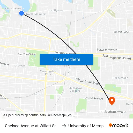 Chelsea Avenue at Willett Street to University of Memphis map
