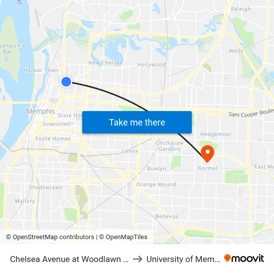 Chelsea Avenue at Woodlawn Street to University of Memphis map