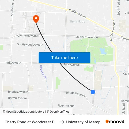Cherry Road at Woodcrest Drive to University of Memphis map