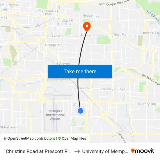 Christine Road at Prescott Road to University of Memphis map