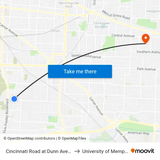 Cincinnati Road at Dunn Avenue to University of Memphis map