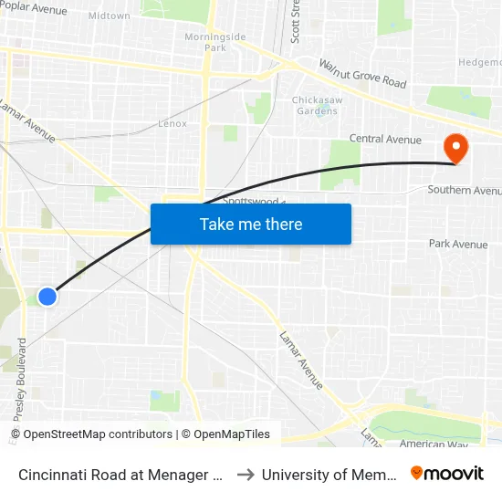 Cincinnati Road at Menager Road to University of Memphis map