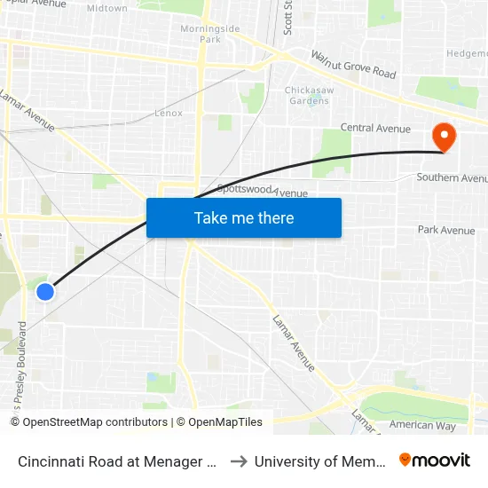 Cincinnati Road at Menager Road to University of Memphis map