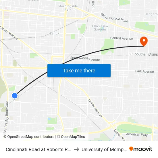 Cincinnati Road at Roberts Road to University of Memphis map