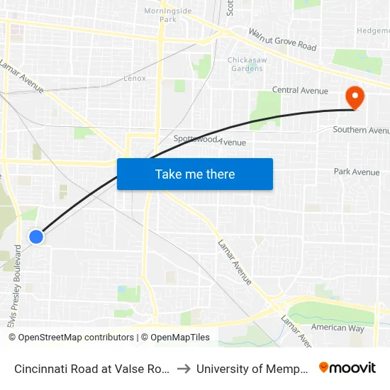 Cincinnati Road at Valse Road to University of Memphis map