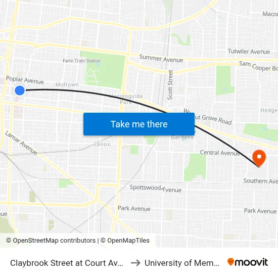 Claybrook Street at Court Avenue to University of Memphis map