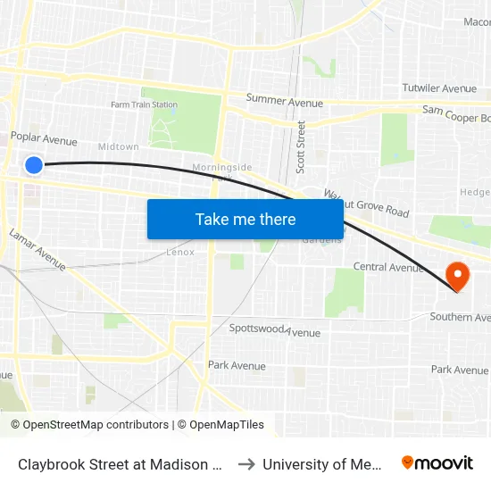 Claybrook Street at Madison Avenue to University of Memphis map