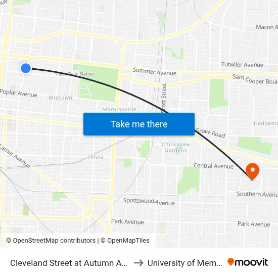 Cleveland Street at Autumn Avenue to University of Memphis map