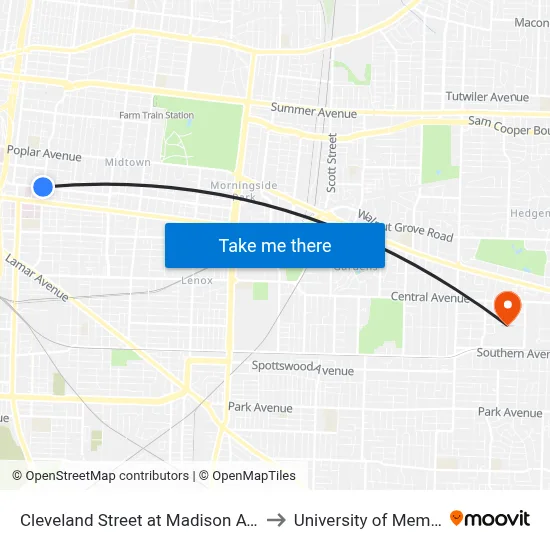 Cleveland Street at Madison Avenue to University of Memphis map