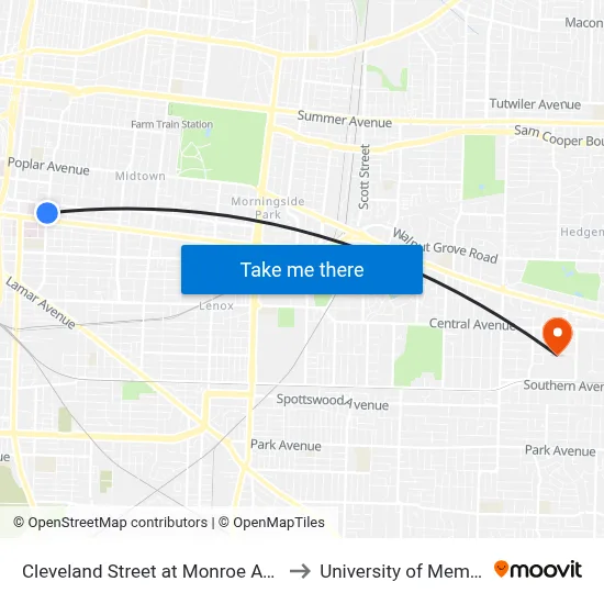 Cleveland Street at Monroe Avenue to University of Memphis map