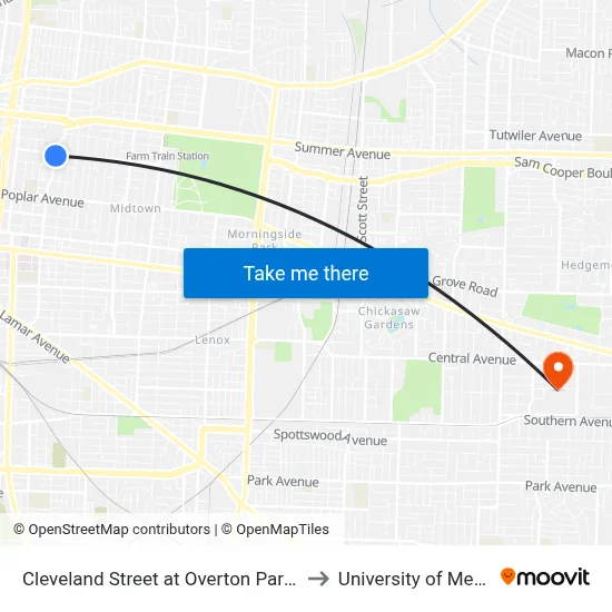 Cleveland Street at Overton Park Avenue to University of Memphis map